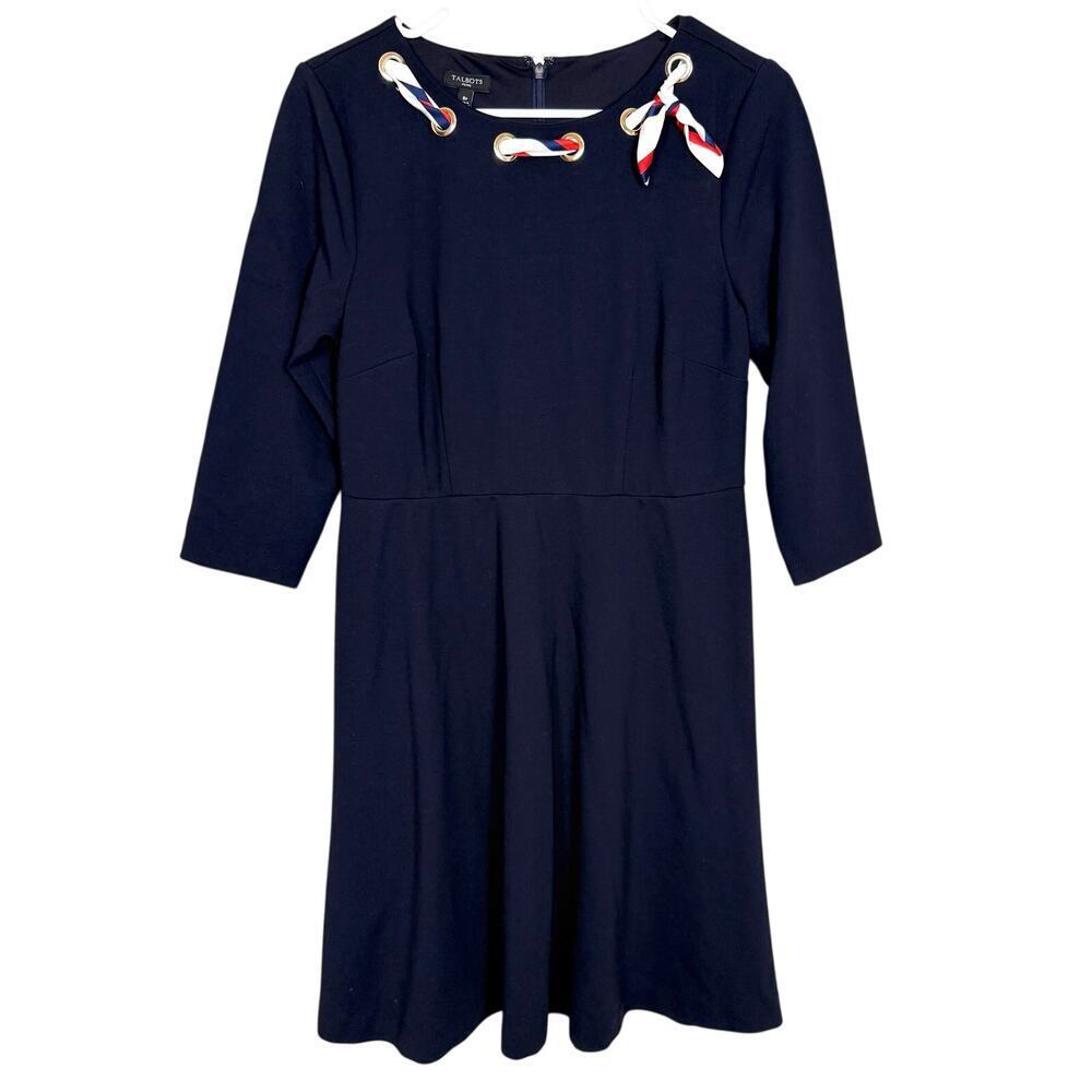 Talbots Ponte Fit & Flare Dress Navy Nautical USA Scarf Detail 8P EUC